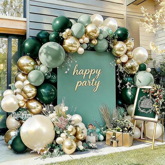 Emerald Green Gold Balloon Arch Kit Double Stuffed Dark Dusty Green Pearl White Sand Latex Balloon Garland for Birthday Baby Shower Wedding Anniversary Graduation Jungle St. Patrick's Day Party