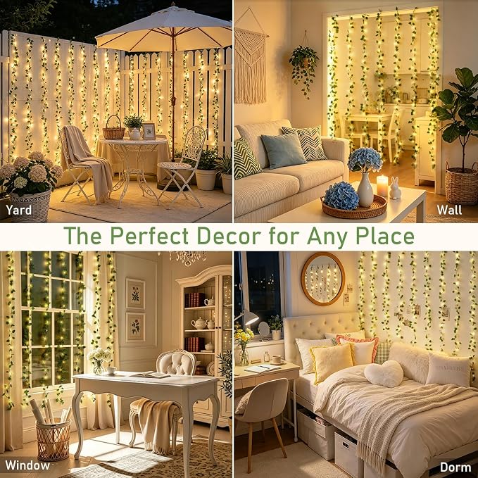 JMEXSUSS Vines Lights for Bedroom, 200 LED Vines Fairy Lights, Artificial Pothos Leaf Light for Wall Curtain Wedding Party Christmas Indoor Decor, 6.5ft x 6.5ft with Remote