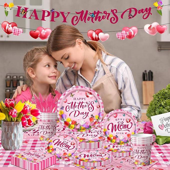 GREHUMOR 142Pcs Happy Mother's Day Party Supplies Pink Mother's Day Tableware Floral Flowers Tulip Disposable Paper Plates,Tablecloth,Napkins,Cups,Forks and Knives for Best Mom Ever Party Decorations