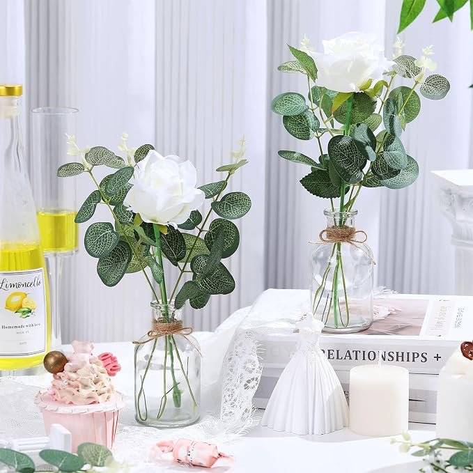 10 Set Vases Glass Centerpiece for Table 10 Small Clear Glass Vases 10 Artificial Roses 30 Leaves with Rope Flower Centerpieces for Wedding Arrangement Party Home Decoration(White)