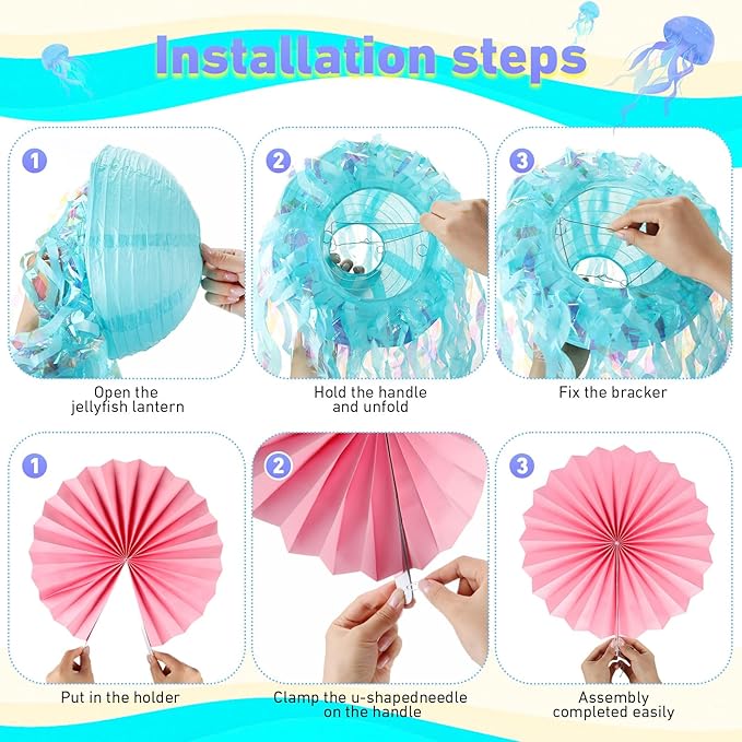 16 Pcs Hanging Jellyfish Paper Lantern Set Includes Jellyfish Lantern Paper Folding Fan Bubble for Mermaid Birthday Sea Ocean Theme Parties Classroom Decorations (Macaron Colors)