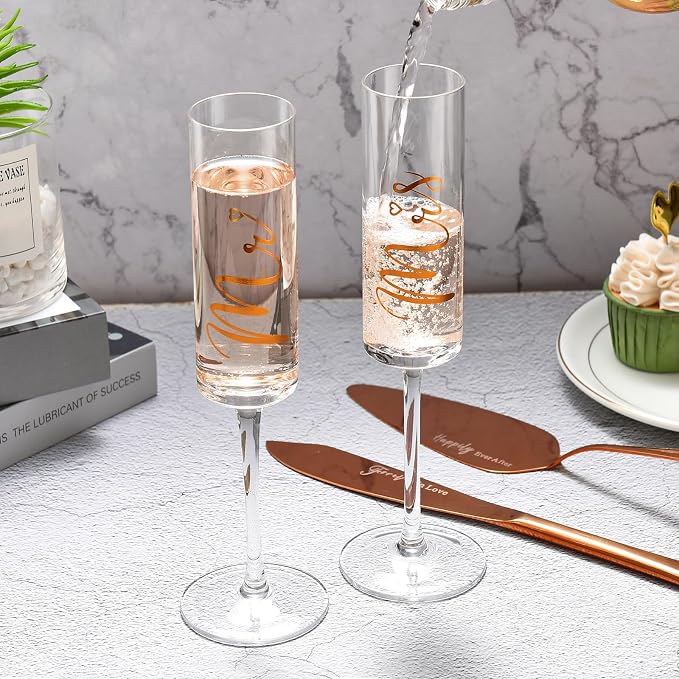 ROXBURGH Wedding Cake Knife and Server Set, Bride and Groom Mr and Mrs Champagne Flutes & Forks with Giftable Box, Cake Cutting Set for Wedding Engagement Bridal Shower Gifts