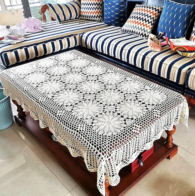 USTIDE Rectangular Crochet Kitchen Tablecloth Beige Cotton Tablecloth Floral Lace Table Cover for Dining Room Living Room 59inchesx78inches