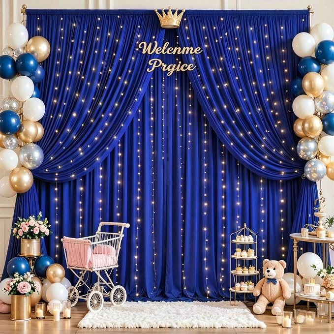 Royal Blue Backdrop Curtains with Lights for Parties,10x10FT Wrinkle Free Wedding Photo Backdrop Drapes Fabric for Baby Shower Birthday Ceremony Reception Home Party Decorations