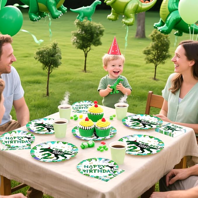 Grencian 96PCS Dinosaur 2nd Happy Birthday Party Supplies 2nd Dinosaur Plates and Napkins Forks Disposable Tableware Set for 2 Years Old Boy Birthday Party Decorations Serves 24