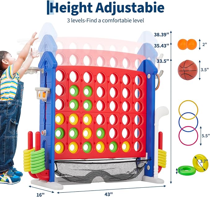 Giant 4-in-a-Row Game Set, Whale Design 4-in-1 with Basketball Hoop, Golf, Ring Toss, 42 Jumbo Rings, Adjustable Height, Quick-Release Catch Net - Outdoor Play for Kids & Adults