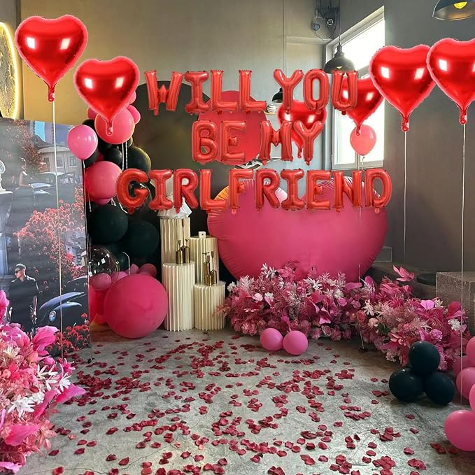 2 Set Red Will You Be My Girlfriend Balloons - 42pcs 16" Letter Balloons 1200pcs Red Artificial Rose Petals 10pcs 18" Heart Balloon Alphabet Foil Mylar Balloon for Valentines Day Decorations