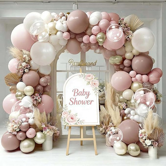 Dusty Pink White Beige Balloon Arch, Double Stuffed Pink Mauve Pearl White Nude Gold Balloon Garland Kit Boho Blush Cream Balloons for Birthday Baby Shower Bridal Wedding Mother's Day Party Decor