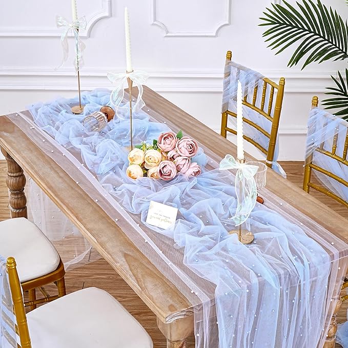 Pearl Table Runner Wedding Centerpieces: 10ft Pearl Table Decor 29x120 Inch Tulle Chiffon Fabric for Decor Birthday Party Dining Table Cover (Baby Blue)