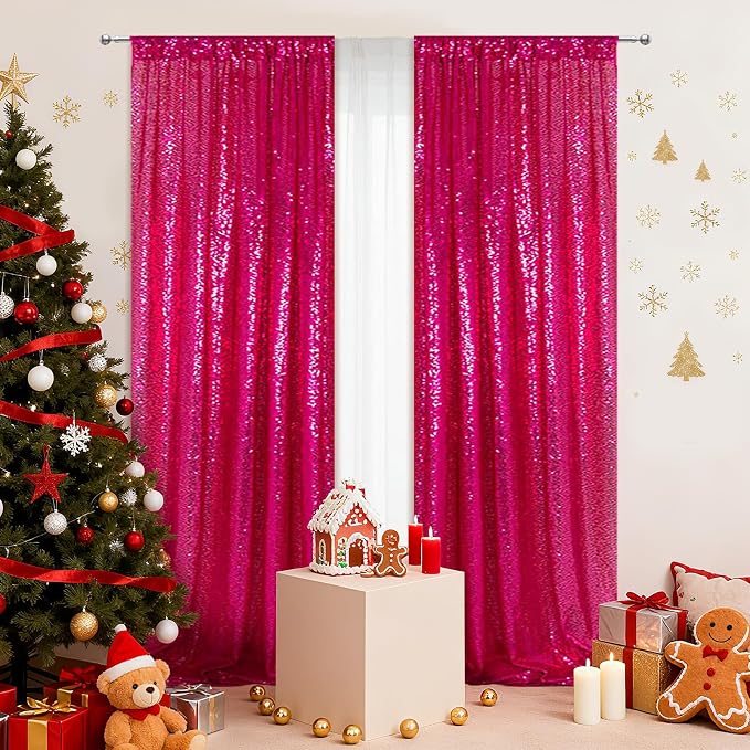 PartyDelight Hot Pink Sequin Backdrop Curtains 2x8ft 2 Panels | 3mm stitched sequin curtain with 4 inch rod pocket for 2x8ft 2 panel doorway window side drape narrow photo booth strip