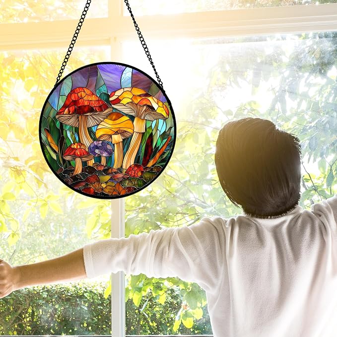 DASTOLL Stained Glass Window Hanging, Jungle Mushrooms Sun Catchers Diamond Glass Panel Hangings Plant Suncatcher Decor for Birthday for Women, Men, Wife, Aunt, and Mom 11.8x11.8 in