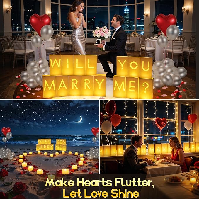 Lewondr Will You Marry ME Sign Proposal Decorations, Light Up Letters Luminary Paper Bags with 30pcs 6H Tea Lights Candles, Latex & Aluminum Balloons, 2000 Rose Petals, Surprise for Valentines Day