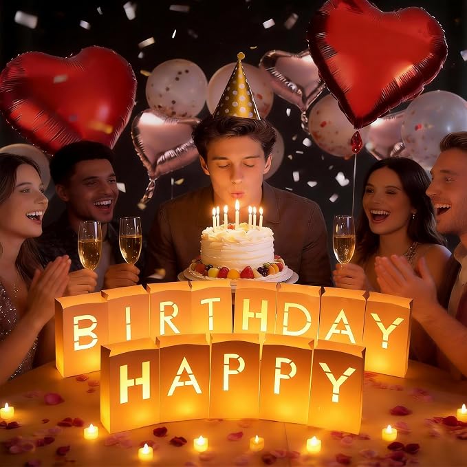 Happy Birthday Light Up Letters Luminary Bags with Tea Lights Candles, Latex Balloons, Aluminum Balloons and Rose Petals Surprise Gifts Banner Birthday Decorations for Women and Men