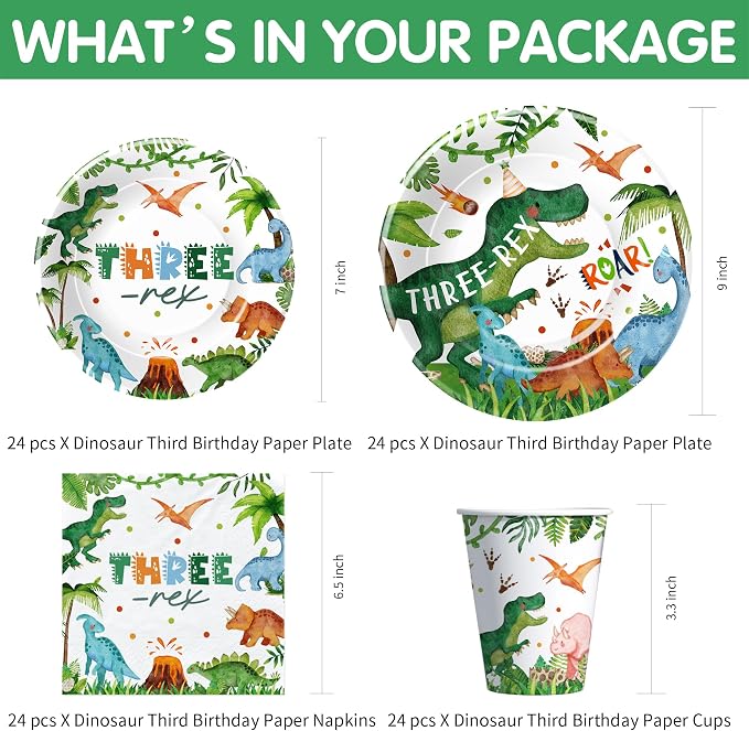 Srua Don Dinosaur 3rd Birthday Party Supplies Decorations, Dino Theme Three Rex Birthday Decorations, Paper Plates, Cups, Napkins, Tablecloth, Disposable Cutlery, Swirls, Banner, Serves 24