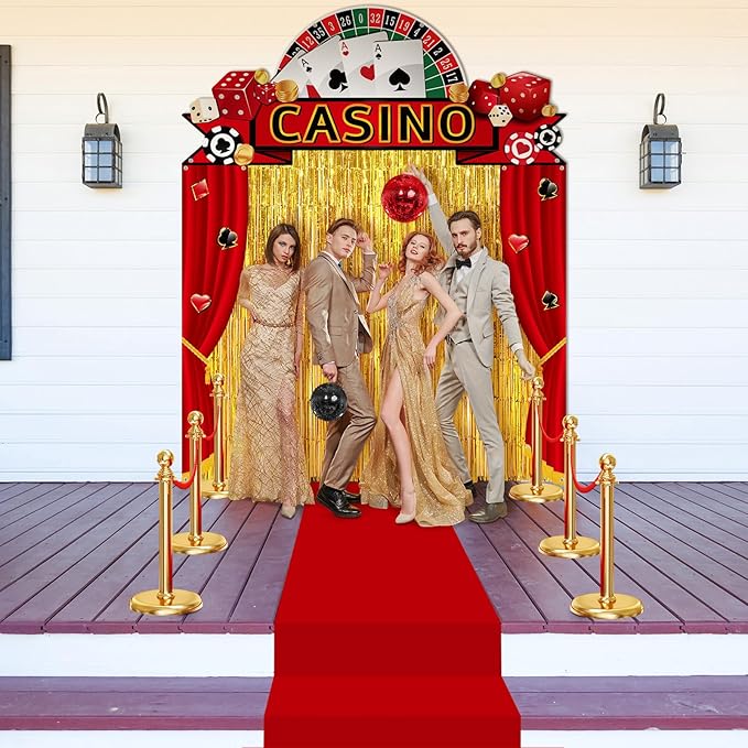 VitalCozy 7pcs Casino Party Decorations Casino Night Party Porch Banners Red Rug Gold Foil Fringe Backdrop Curtains for Las Vegas Poker Dice Birthday Halloween Photo Background Door Entryway Decor