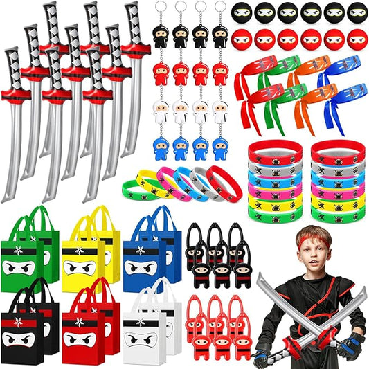 Seenelling 24 Guests 168 Pcs Ninja Party Favors Include Ninja Non Woven Bags Inflatable toys Bouncy Balls Throwing Flying Slingshot Headbands Silicone Bracelets Keychains for Party Supplies