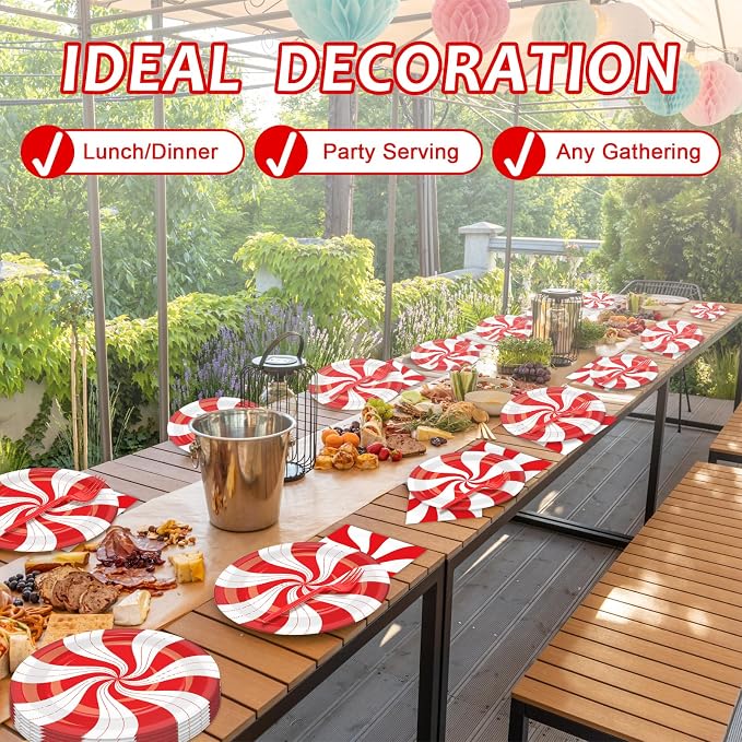 50 Guests Christmas Candy Cane Plates and Napkins Party Supplies Peppermint Party Decorations Disposable Tableware Set Red and White Striped Dinnerware Favor for Holiday Xmas Theme Party, 200PCS