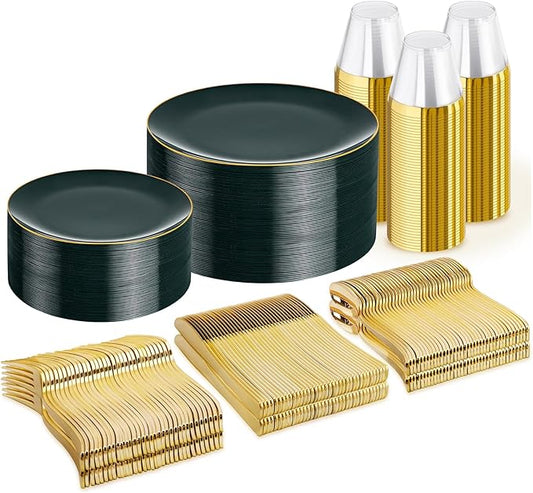 WDF 300Pcs Green Plates Disposable - Heavy Duty Green Plates - 50Guest Green Plastic Dinnerware Include 50 Dinner Plate, 50 Dessert Plate, 150 Cutlery & 50 9oz Cups for Parties/Wedding/Party