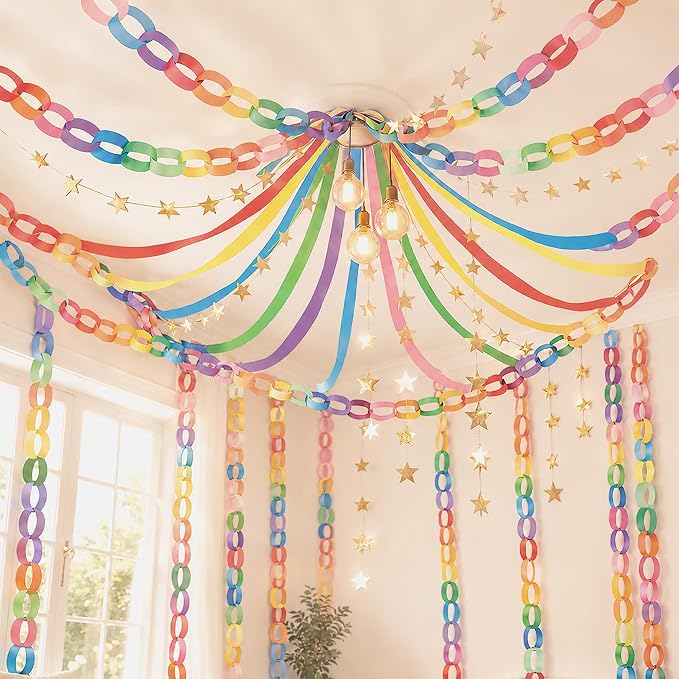Rainbow Birthday Party Decorations Kit with 492ft Crepe Paper Streamers, 300 Sheets Paper Chain Strips, 78.6ft Gold Star Garland for Hanging Decor