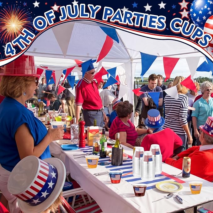 LemonRoad 100 Pack Patriotic 4th of july Cups 9 oz Star Stripe American Flag Disposable Clear Plastic Cocktail Cups Hot Cold Beverage Drinks for 250th anniversary decorations and party favors