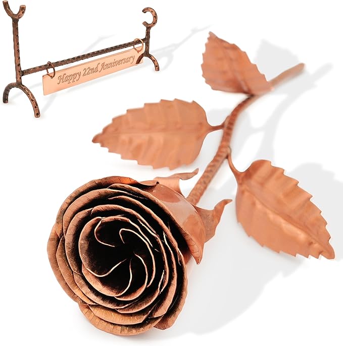 Copper Rose with Stand & Engraved Plate Happy 22nd Anniversary - Solid Copper Flower - 22 Years Wedding Anniversary Decor for Wife, Him or Her