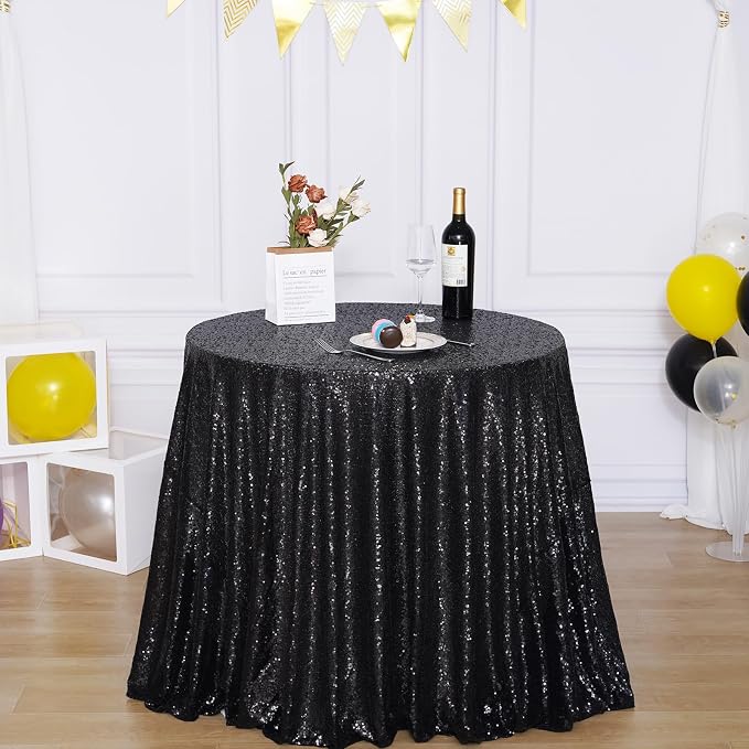 Poise3EHome 90-Inch Round Black Sequin Tablecloth for Halloween Party Cake Dessert Table Exhibition Events