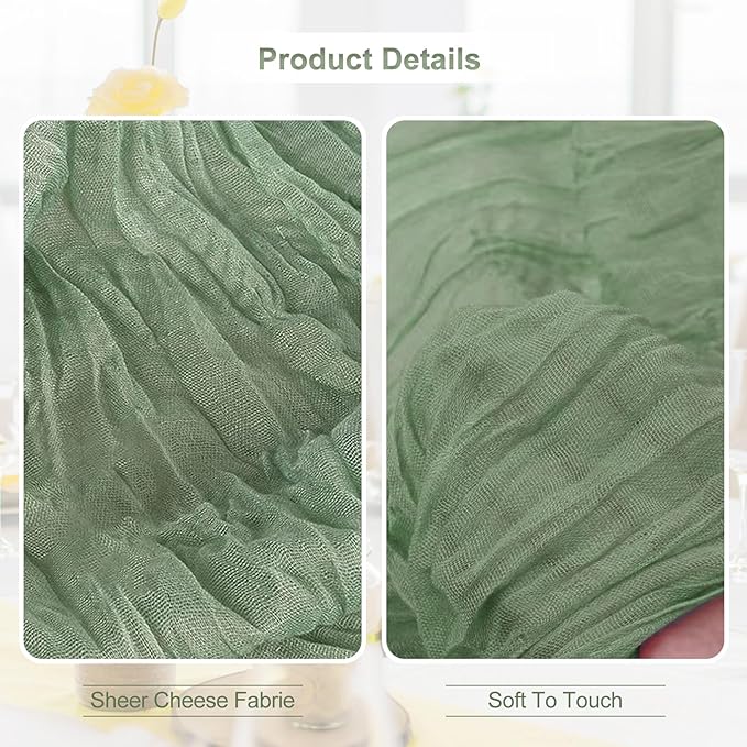 20 Pack Sage Green Cheesecloth Table Runner 35x120 Inch 10Ft Rustic Gauze Cheese Cloth Table Runner Sheer Cheesecloth Table Runners for Wedding Party Bridal Shower Decoration