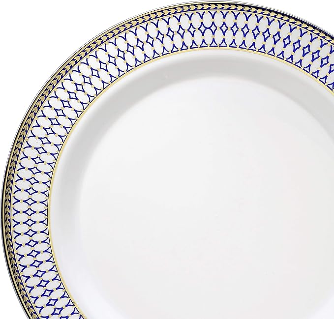 OCCASIONS 240 Piece Heavy Duty Disposable Plastic Plates Set for 120 Guests – Includes 10.5" Dinner & 7.5" Dessert Plates, Elegant Party Plates for Weddings, Events, Odyssey in Blue & Gold Rim.