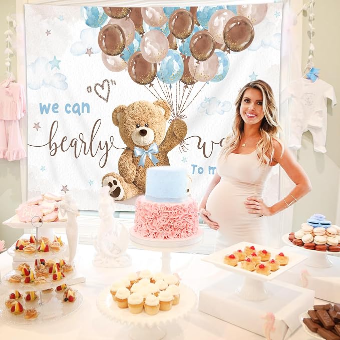Bear Baby Shower Backdrop 8Wx6H Feet We Can Bearly Wait for Boys Balloons Gold Dots Cute Cartoon Polyester Fabric Newborn Photography Backgrounds Photo Shoot Decor Props Decoration