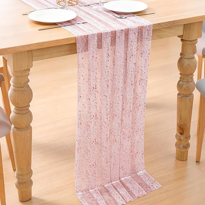 BINBE 6PCS Rose Table Runner 10Ft Sheer Chiffon Fabric Cheesecloth Sequin Glitter Table Runner for Wedding Birthday Party Decor