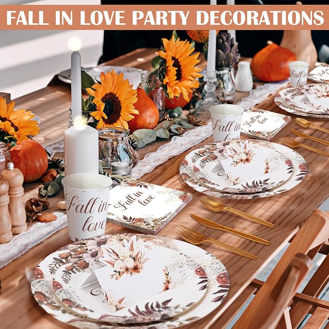 Shellwei 410 Pcs Fall in Love Bridal Shower Decorations Boho Floral Paper Plates and Napkins Set Disposable Party Tableware Sets with Cups Knives Forks Spoons Seat Card Favors for 50 Guests