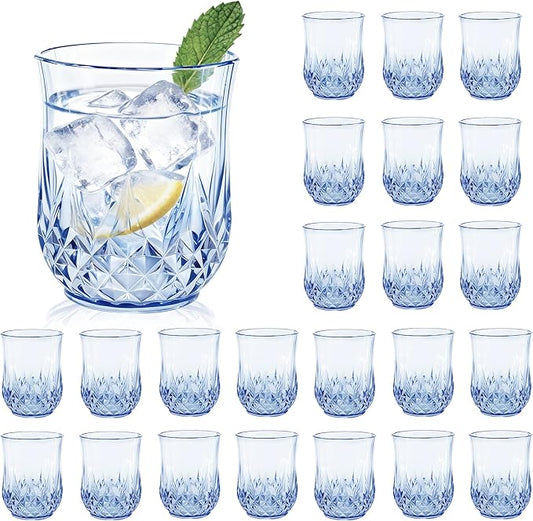 24 Pack Plastic Stemless Wine Glasses,12oz Unbreakable Vintage Elegant Drinking Glass Set,Reusable Fancy Cocktail Cups for Party, Wedding, and Bulk Events (24, 12oz-Blue)