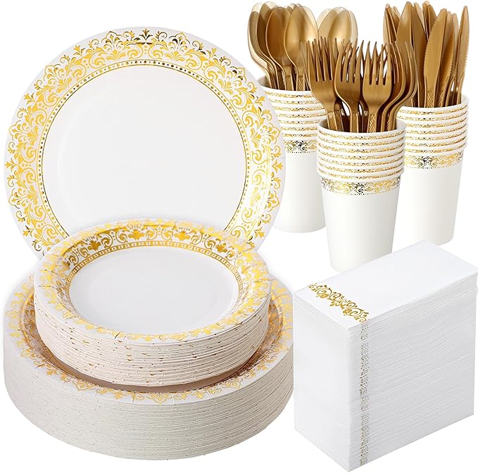 Didaey 700 Pcs Disposable Dinnerware Set for 100 Guests Include 200 Paper Plates, 300 Plastic Silverware, 100 Paper Cups, 100 Napkins for Wedding Birthday Party Supplies (White Gold Pattern)