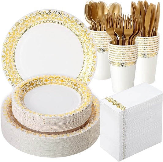 Didaey 700 Pcs Disposable Dinnerware Set for 100 Guests Include 200 Paper Plates, 300 Plastic Silverware, 100 Paper Cups, 100 Napkins for Wedding Birthday Party Supplies (White Gold Pattern)