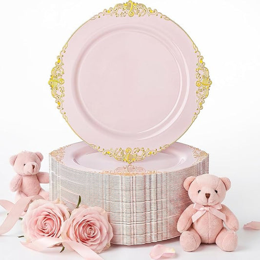 Nervure 100PCS Pink and Gold Plastic Plates - 10.25Inch Pink Disposable Plates - Plastic Dinner Plate for Weddings & Parties & Mothers Day