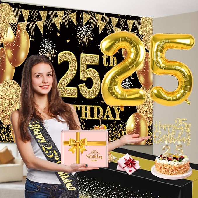 25th Birthday Decorations Men Women with 25th Birthday Banner, Black and Gold Table Cloth, Number Balloons, Large Sash, Cake Topper and Candles
