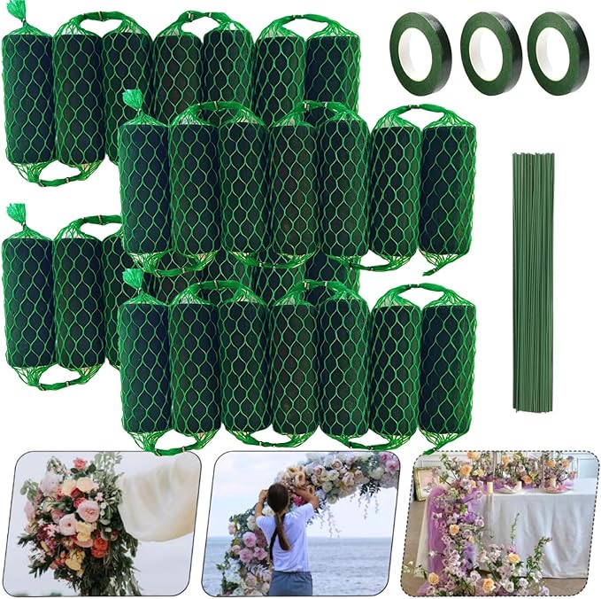 28PCS Floral Foam Garland - 18.4Ft Flower Sponge Blocks Kit,Absorption Flower Holder Arch Door for Wet Dry Fresh Flowers Arrangement for Wedding Garden Home Decor（Floral Tape x3, Floral Wire x50