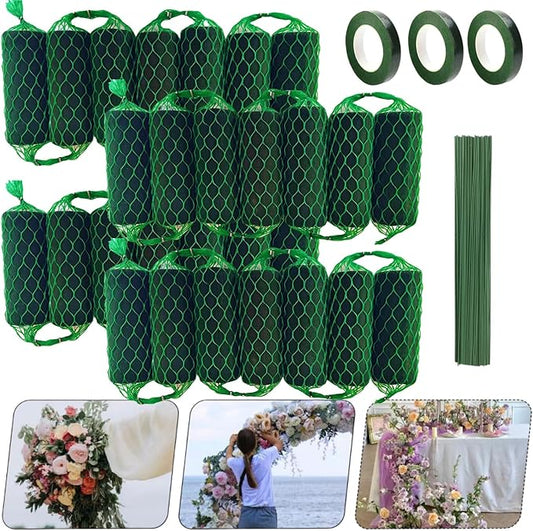 28PCS Floral Foam Garland - 18.4Ft Flower Sponge Blocks Kit,Absorption Flower Holder Arch Door for Wet Dry Fresh Flowers Arrangement for Wedding Garden Home Decor（Floral Tape x3, Floral Wire x50