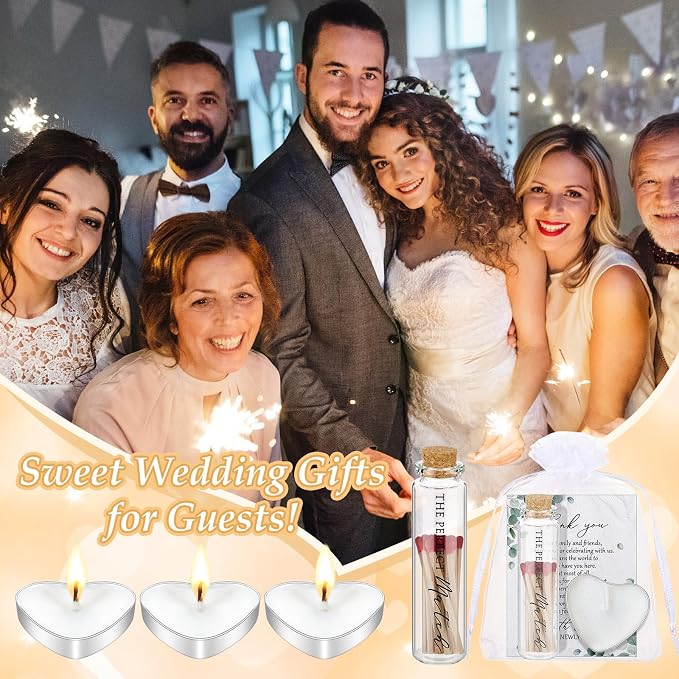 100 Sets Wedding Party Favors for Guests Bulk Including Mini Heart Shaped Candles and Empty Matches Jars with Cork Top Thank You Cards and Organza Bags for Wedding Bridal Shower Party Souvenir