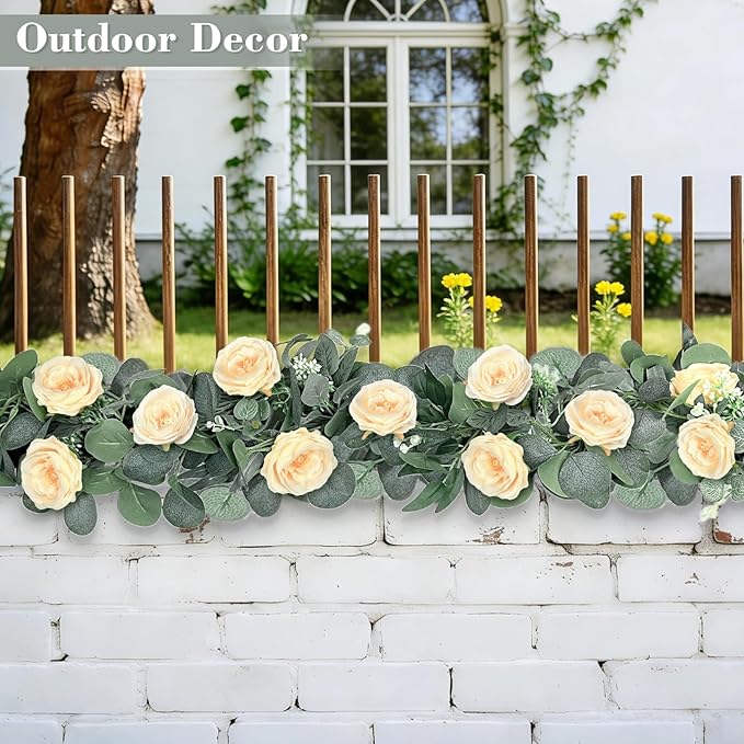 2 Pack 13FT Spring Artificial Eucalyptus Flower Garland with Champagne Roses, Fake Flower Greenery Floral Vines Green Garland for Wedding Arch Table Runner Backdrop Mantle Home Decorations (Champagne)