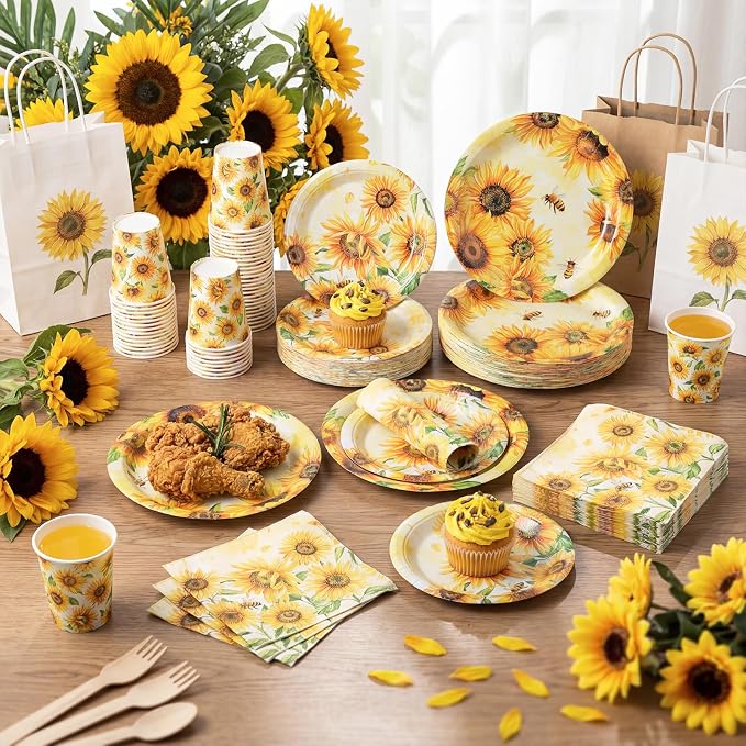 Pickmesh 250 Pcs Sunflower Party Supplies Decorations Serve 50 Sunflower Disposable Paper Plates Napkins and Cups Tableware Set for Floral Birthday Wedding Bridal Shower Baby Shower Tea Party Supplies