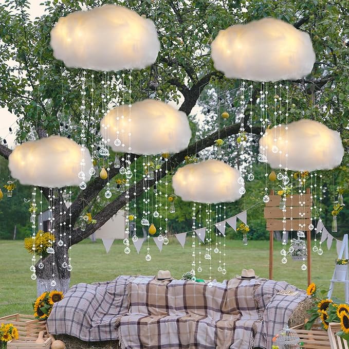 Marsui Artificial Cloud Props LED Hanging Cloud Light String Fake Imitation 3D Cotton Classroom School Decor Raindrop for Room Ceiling Baby Shower Party Wedding Nursery Classroom Wall DIY Decor(6 Pcs)