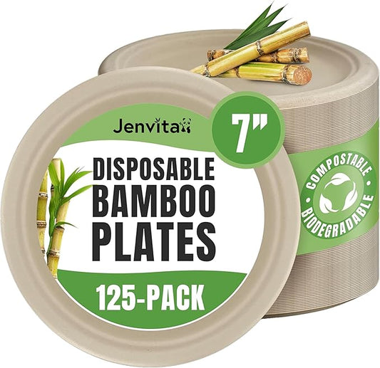 Bamboo Small Compostable Plates (125-Pack, 7-inch) | Sturdy & Microwave Safe | Bamboo Disposable Plates | PFAS Free, Biodegradable | FSC Certified Alternative to Plastic