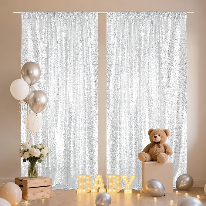 SquarePie 2 PCS 4x10ft Silver Sequin Backdrop for Photography, Extra Long Satin-Backed Real Sequin Curtain, High-Density Shimmering Background with 4" Rod Pocket for Wedding Ceremony, 2 Panels