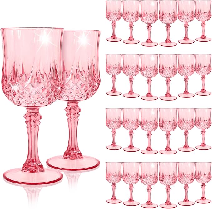 24Pack Pink Plastic Wine Glasses,Vintage Plastic Goblets for Parties, Pink Drinking Glasses Crystal Water Goblets Reusable for Wedding Reception, Grand Event Party Supplies