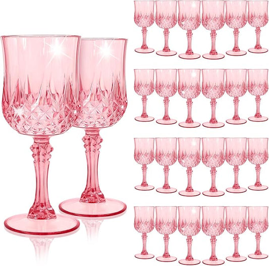24Pack Pink Plastic Wine Glasses,Vintage Plastic Goblets for Parties, Pink Drinking Glasses Crystal Water Goblets Reusable for Wedding Reception, Grand Event Party Supplies