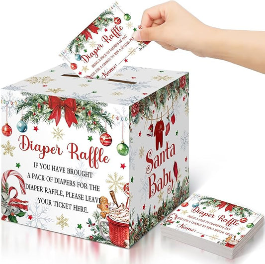 Teling 51 Pieces Diaper Raffle Tickets with Card Box Baby Shower Decorations Gender Reveal Holder Box for Girl Boy Diaper Raffle Party (A Santa Baby is on the Way)