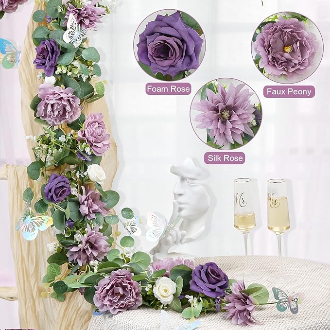 4 Pack 5.9 FT Artificial Flower Garland with Butterflies Fake Rose Garland Faux Greenery Eucalyptus Garlands for Wedding Table Backdrop Arch Centerpieces Decorations - Light Purple & Purple