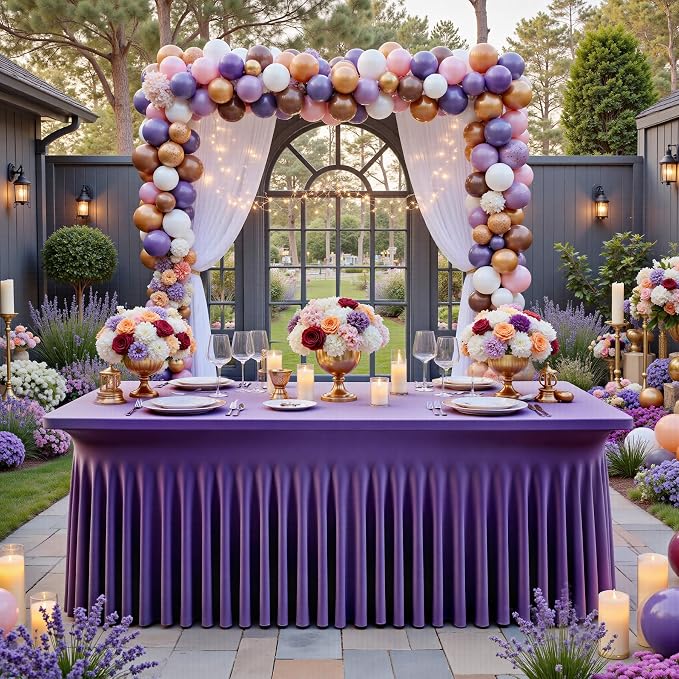 NSSONBEN 2 pk Purple Spandex Tablecloth for 8 Foot Rectangle Tables,Wrinkle Free Fitted Spandex Table Covers 8ft Stretch Table Cloths with Ruffle Skirt for Parties Weddings Banquet Baby Shower