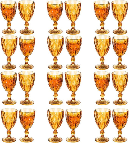 24 Pack Vintage Wine Glasses, Plastic Reusable 12 Ounce Colored Water Goblets, Unique Embossed Pattern Unbreakable Stemmed Wine Glasses High Clear Wedding Party Bar Drinking Cups Amber